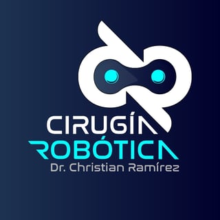 Cirugia Robotica logo featuring a white robotic hand with cyan eyes on dark blue background, with Dr. Christian Ramirez text below