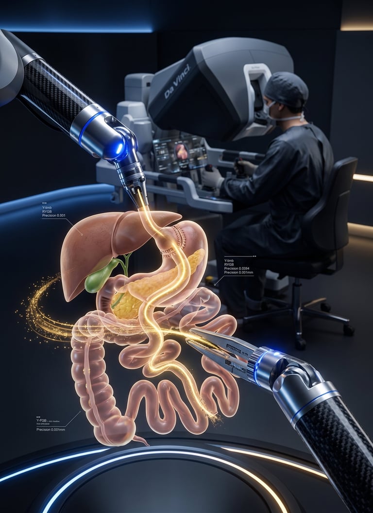 Futuristic medical visualization showing robotic surgery on human digestive system with surgeon operating advanced technology