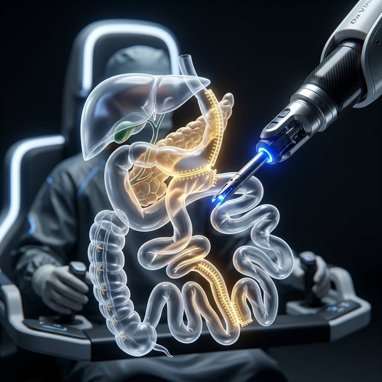 Medical illustration of a syringe injecting blue liquid into a glowing transparent human digestive system model on dark background.